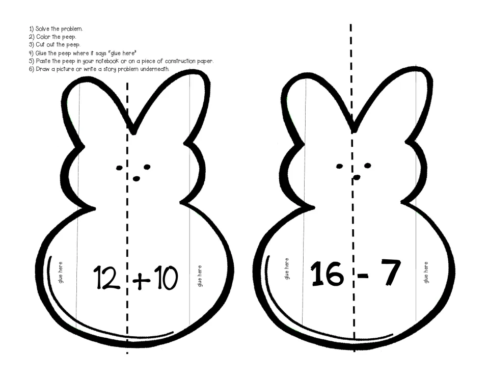 Adding tens and subtracting ones on peep bunnies, 12 + 10 and 16 - 7: students solve, cut, glue and write a problem inside