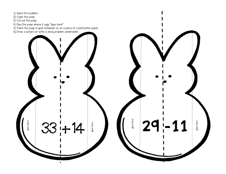 Peep bunnies showing 33 + 14 and 29 - 11: students find each answer, color and glue the flaps, then sketch tens and ones
