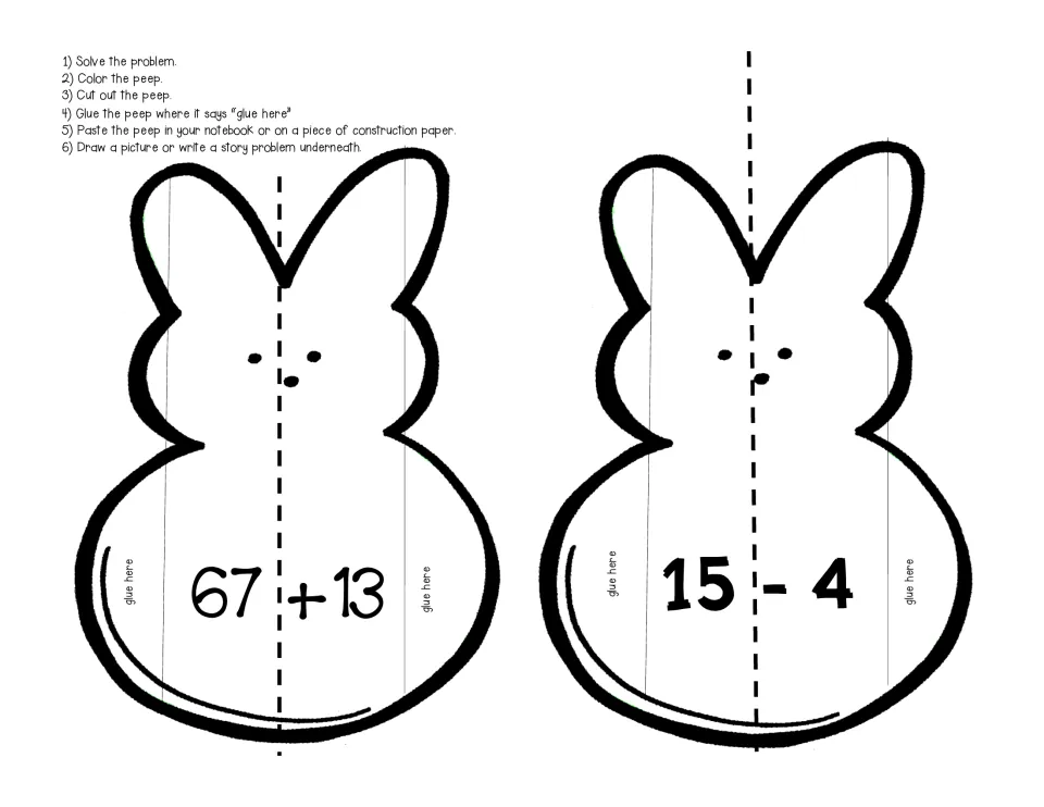 Peep bunny flaps with 67 + 13 and 15 - 4: students solve, cut out the bunnies and write a matching story problem underneath