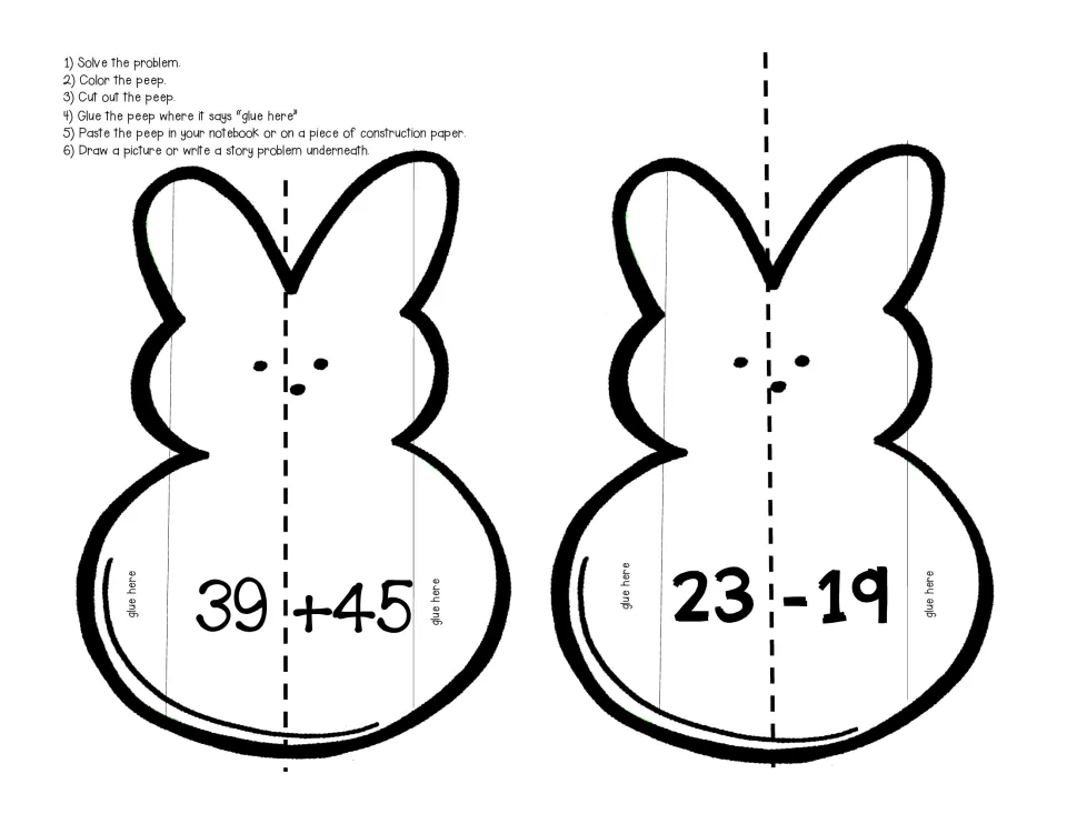 Regrouping with peep bunnies, 39 + 45 and 23 - 19: students solve each, glue the flaps and draw or write a problem inside