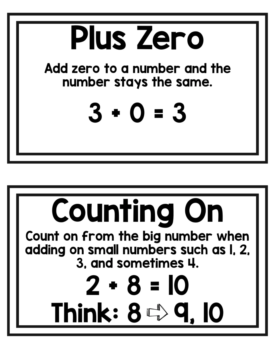 Plus Zero and Counting On addition cards: 3 + 0 = 3, and 2 + 8 = 10 solved by counting on from 8 to 9, 10