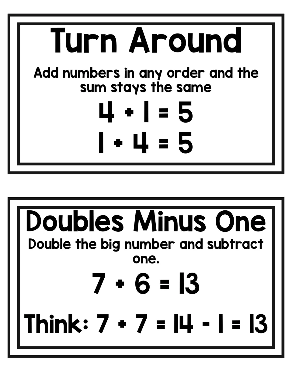 Turn Around and Doubles Minus One cards: 4 + 1 and 1 + 4 both equal 5; 7 + 6 solved as 7 + 7 = 14, minus 1 = 13