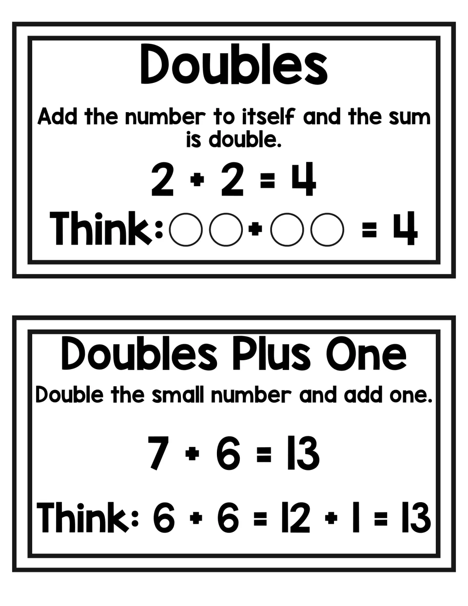 Doubles and Doubles Plus One cards: 2 + 2 = 4 shown with circles, and 7 + 6 solved as 6 + 6 = 12, plus 1 = 13