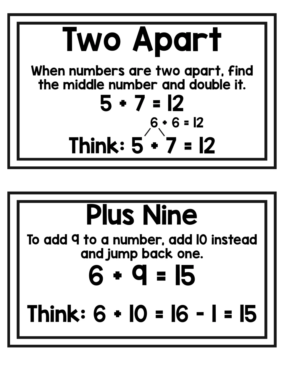 Two Apart and Plus Nine cards: 5 + 7 solved by doubling the middle number 6, and 6 + 9 as 6 + 10 = 16, minus 1 = 15