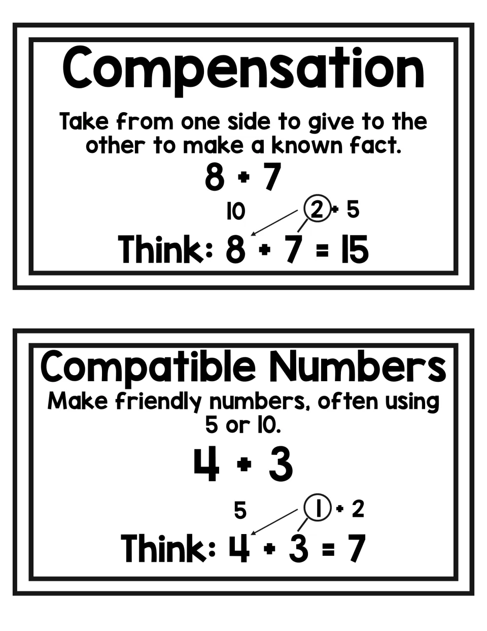 Compensation and Compatible Numbers cards: 8 + 7 regrouped to make 10 + 5, and 4 + 3 regrouped to make 5 + 2