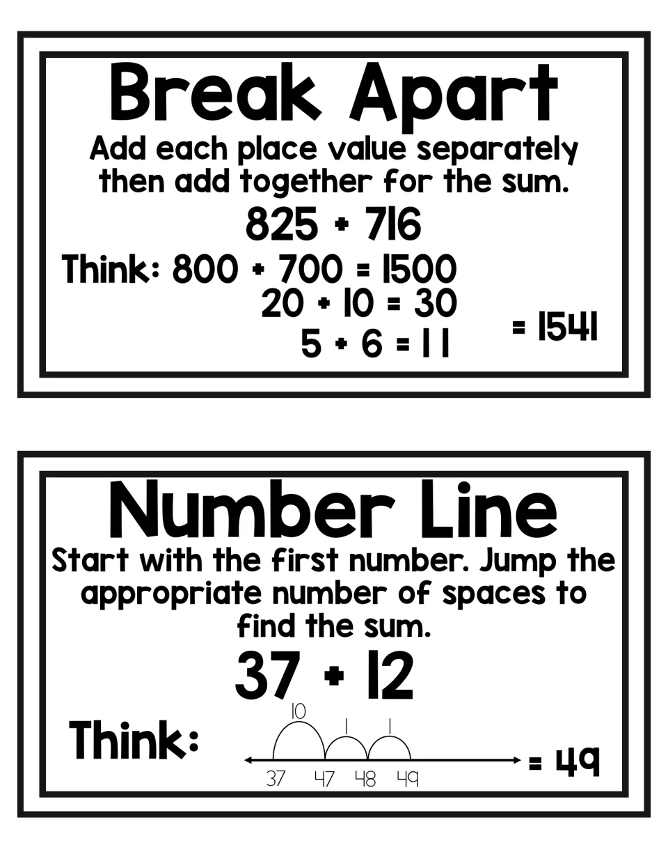 Break Apart and Number Line cards: 825 + 716 added by place value to 1541, and 37 + 12 shown as jumps of 10, 1, 1 to 49