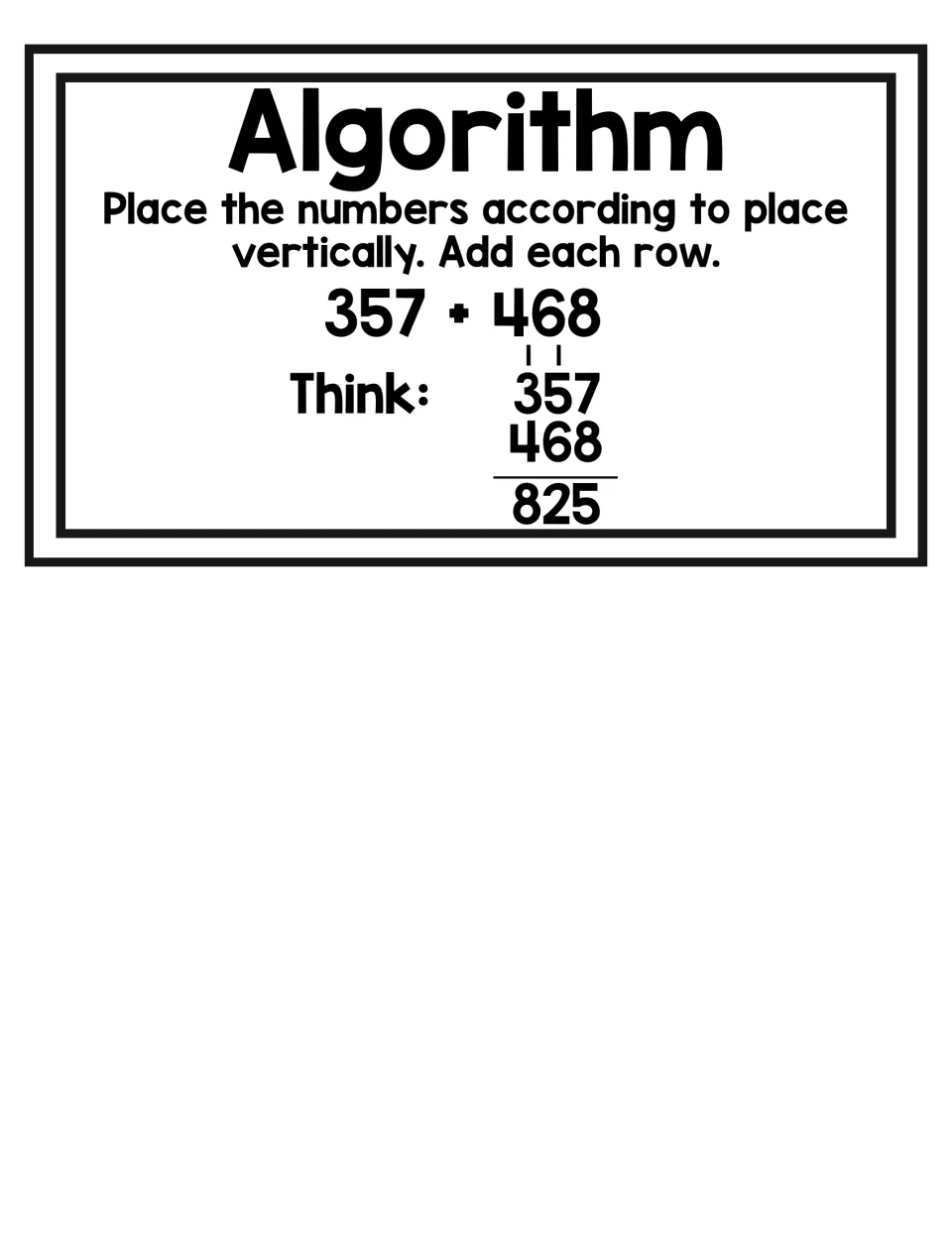 Algorithm addition card: 357 + 468 stacked vertically by place value with carried ones for a sum of 825
