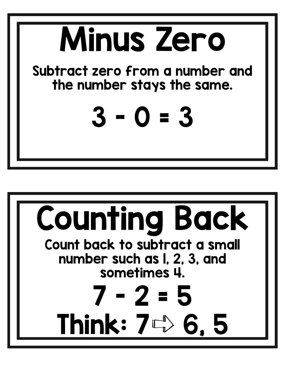 Minus Zero and Counting Back subtraction cards: 3 - 0 = 3, and 7 - 2 = 5 solved by counting back from 7 to 6, 5