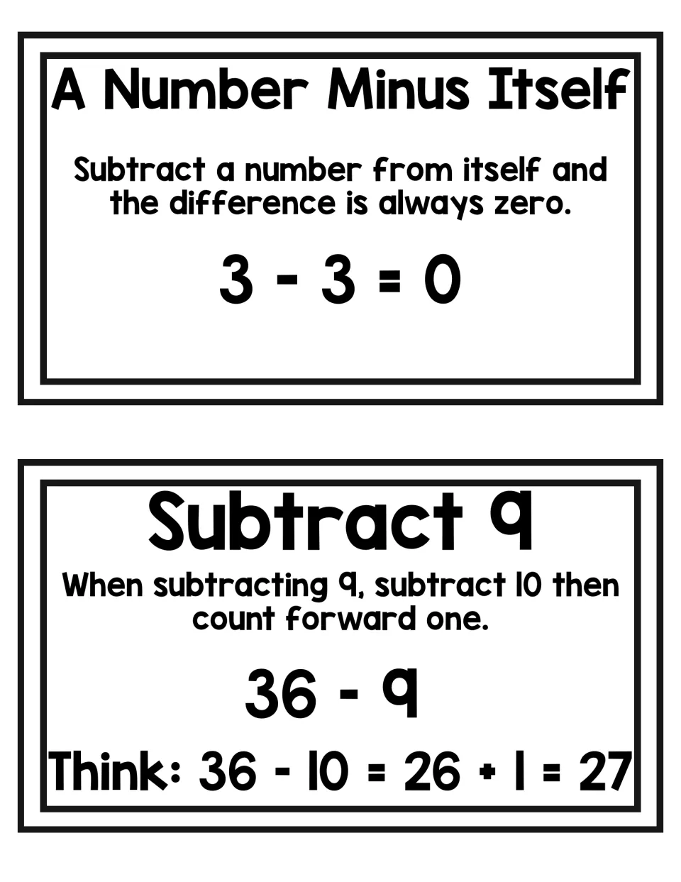 A Number Minus Itself and Subtract 9 cards: 3 - 3 = 0, and 36 - 9 solved as 36 - 10 = 26, then count forward 1 to 27
