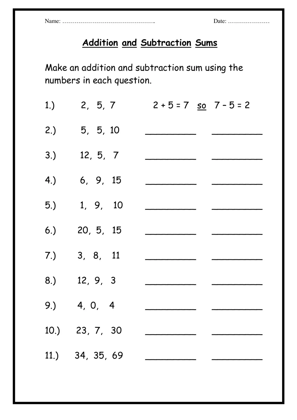 Fact families: students use 10 sets of three numbers to write an addition sum and its related subtraction sum