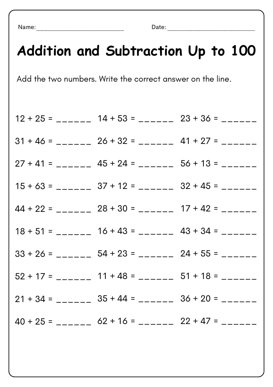 Two-digit addition to 100: students add 30 problems without regrouping, such as 12 + 25 and 62 + 16, writing each sum