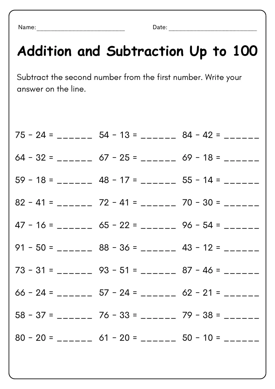 Two-digit subtraction to 100: students solve 30 problems such as 75 - 24 and 80 - 20, writing each difference