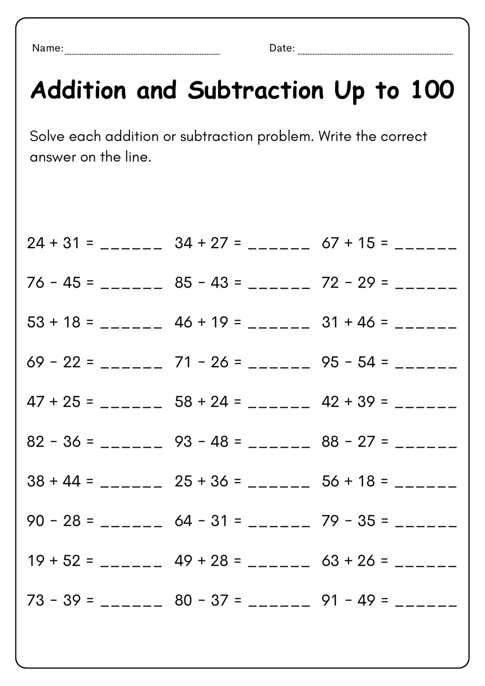 Mixed practice: students solve 30 problems, alternating addition rows like 67 + 15 with subtraction rows like 72 - 29