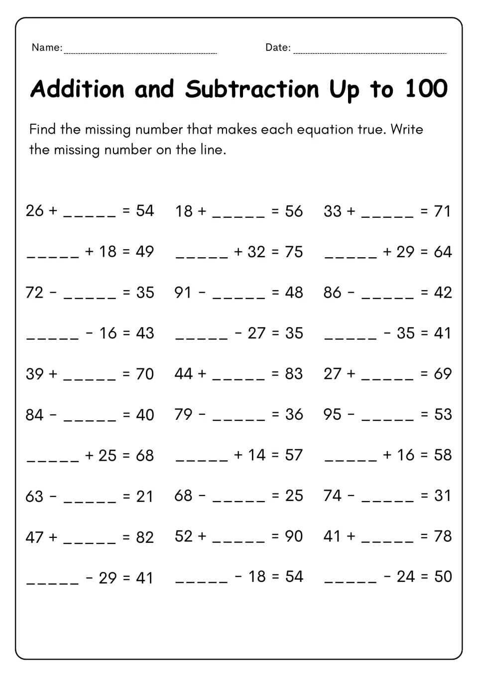 Missing numbers: students find the unknown in 30 equations, such as 26 + ___ = 54 and ___ - 16 = 43