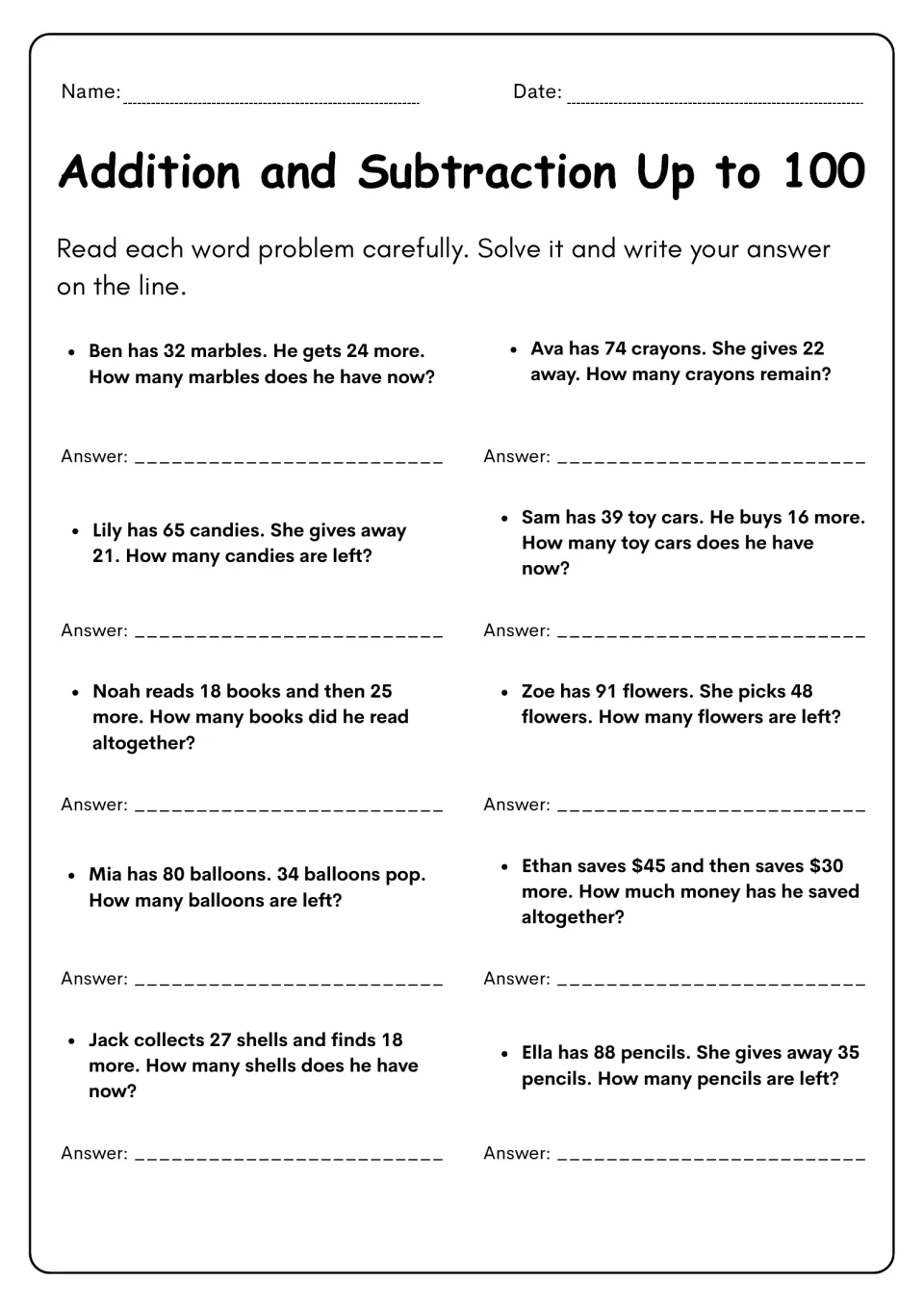 Word problems: students solve 10 two-digit add and subtract stories, like Ben's 32 marbles plus 24 more