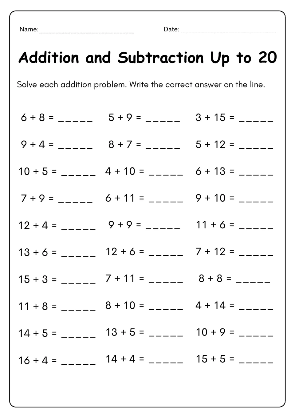 Addition within 20: students solve 30 sums such as 6 + 8, 13 + 6 and 15 + 5, writing each answer on the line