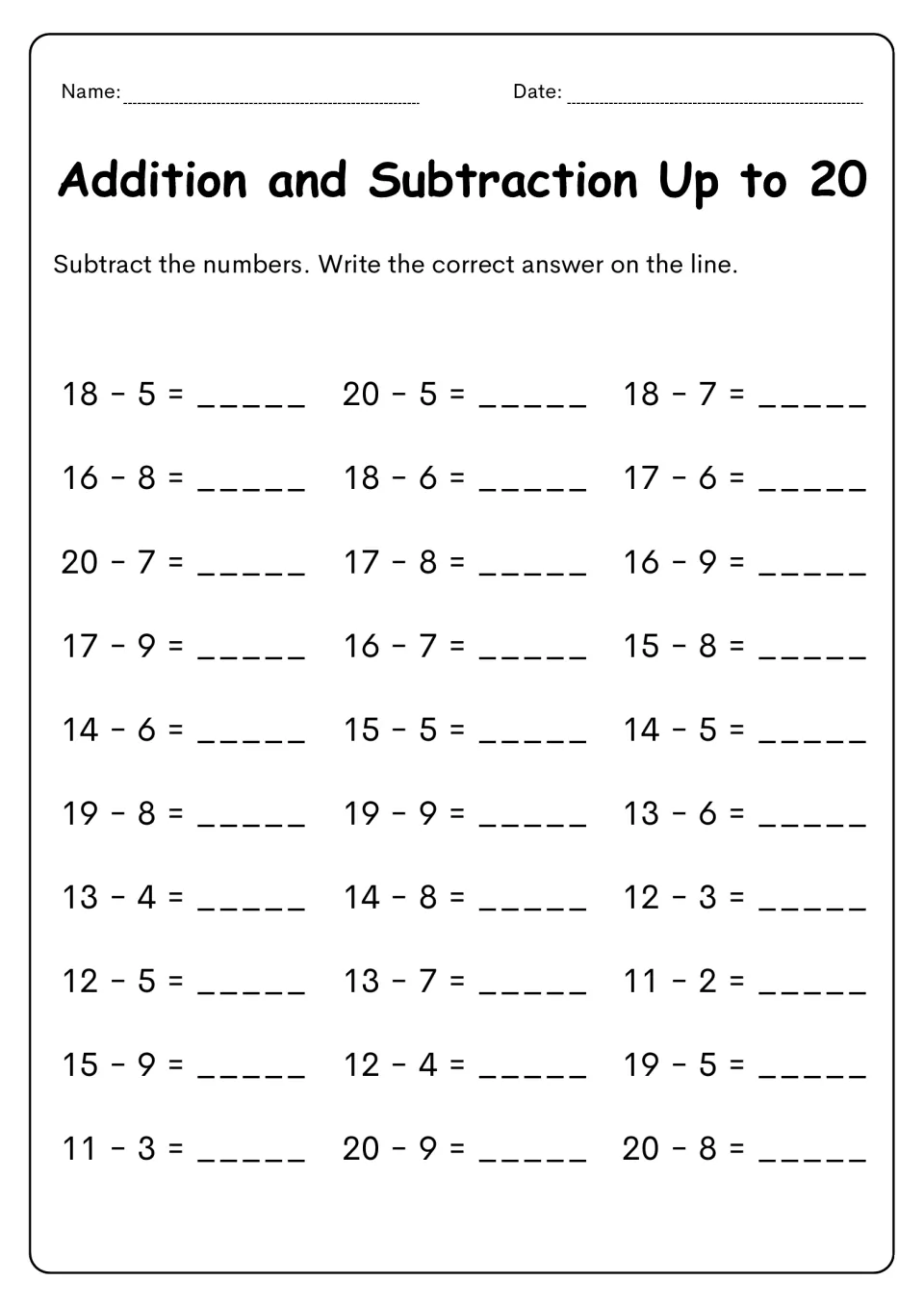 Subtraction within 20: students solve 30 facts such as 18 − 5, 16 − 9 and 20 − 8, writing each difference on the line