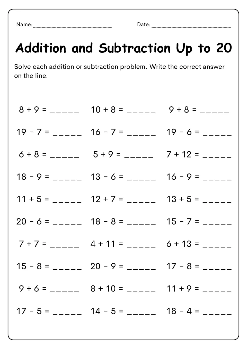 Mixed facts within 20: students solve alternating rows of addition and subtraction problems, such as 8 + 9 and 19 − 7