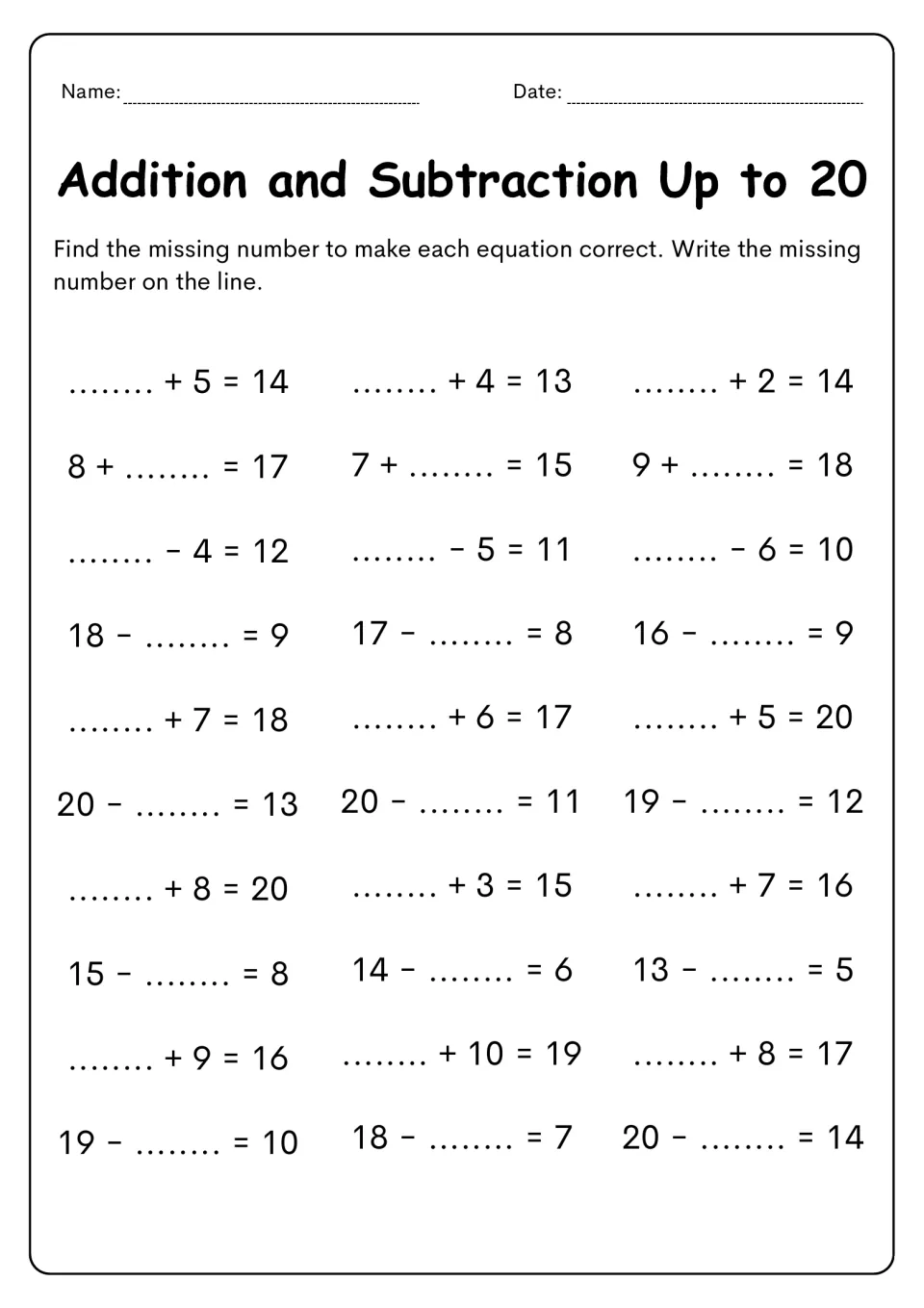 Missing numbers within 20: students find the unknown addend, minuend or subtrahend in 30 equations such as __ + 5 = 14