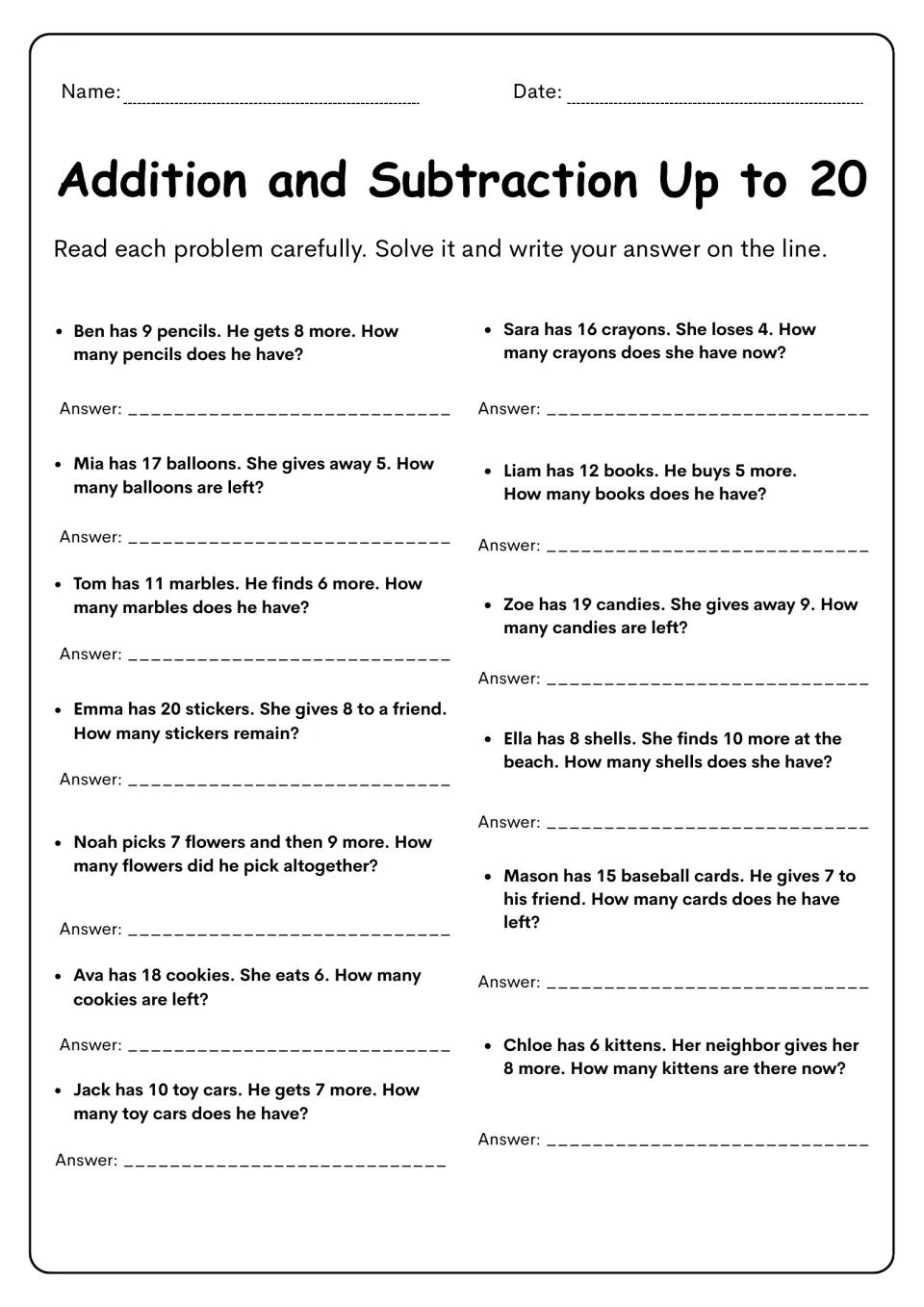 Word problems within 20: students solve 14 short add-or-subtract stories, like Ben's 9 pencils plus 8 more