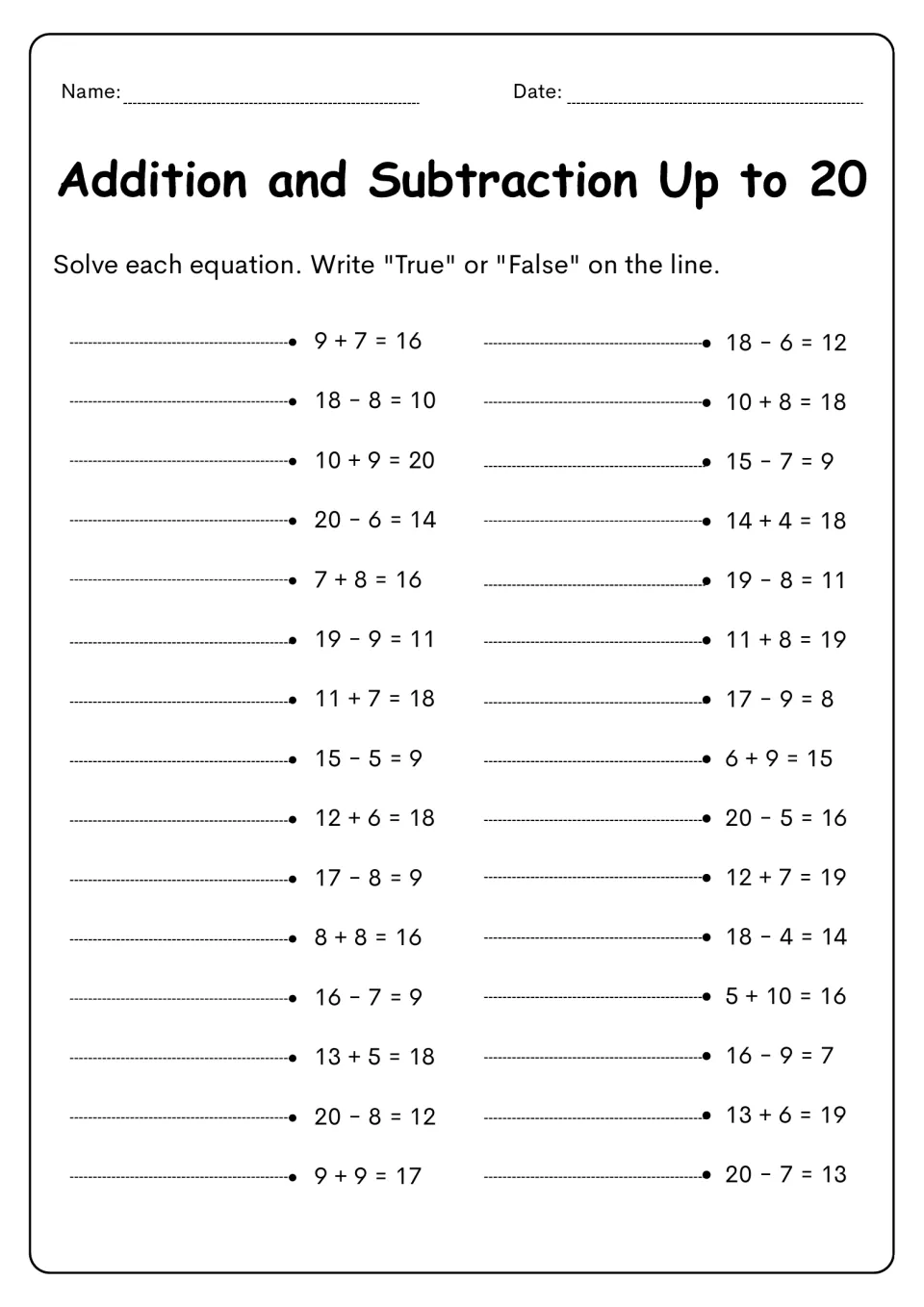 True or false equations: students check 30 addition and subtraction facts within 20, like 9 + 7 = 16, and label each