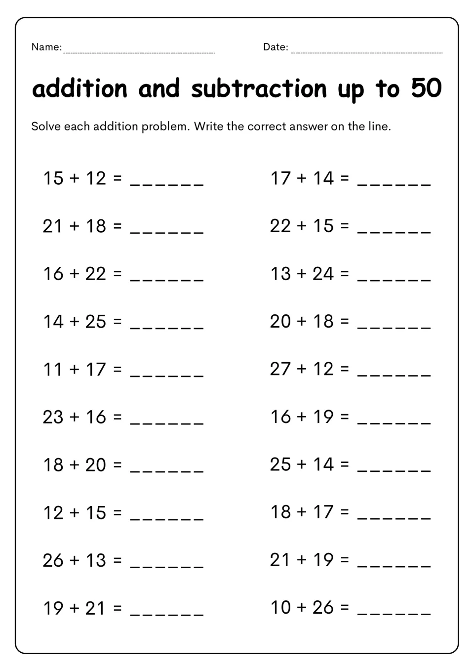 Two-digit addition with sums up to 40: students solve 20 problems such as 15 + 12 and 19 + 21 and write each sum