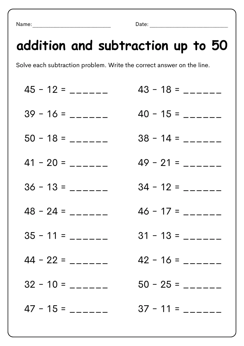 Two-digit subtraction within 50: students solve 20 problems such as 45 − 12 and 50 − 25 and write each difference