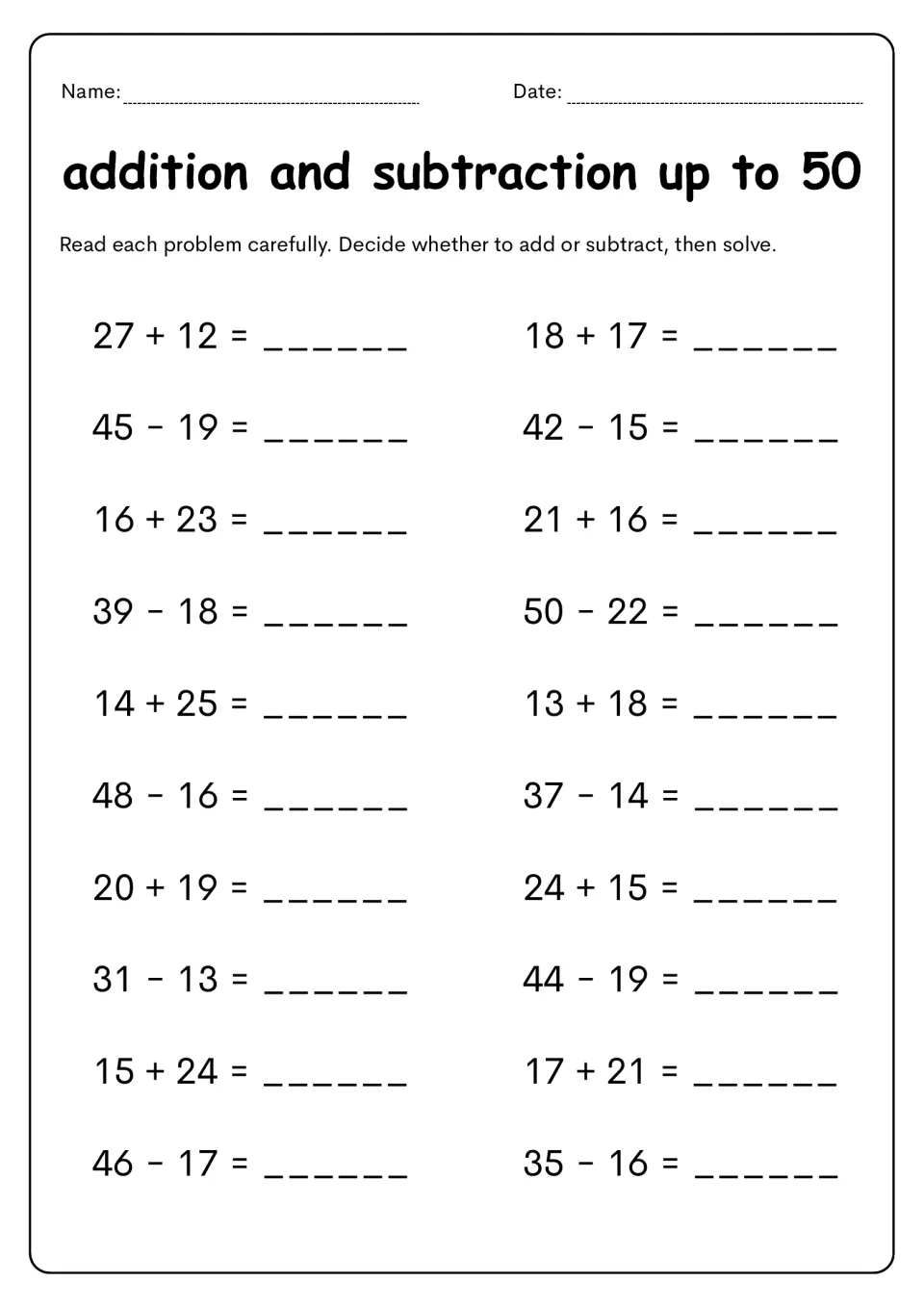 Mixed addition and subtraction within 50: students read each sign, decide whether to add or subtract, then solve 20 facts