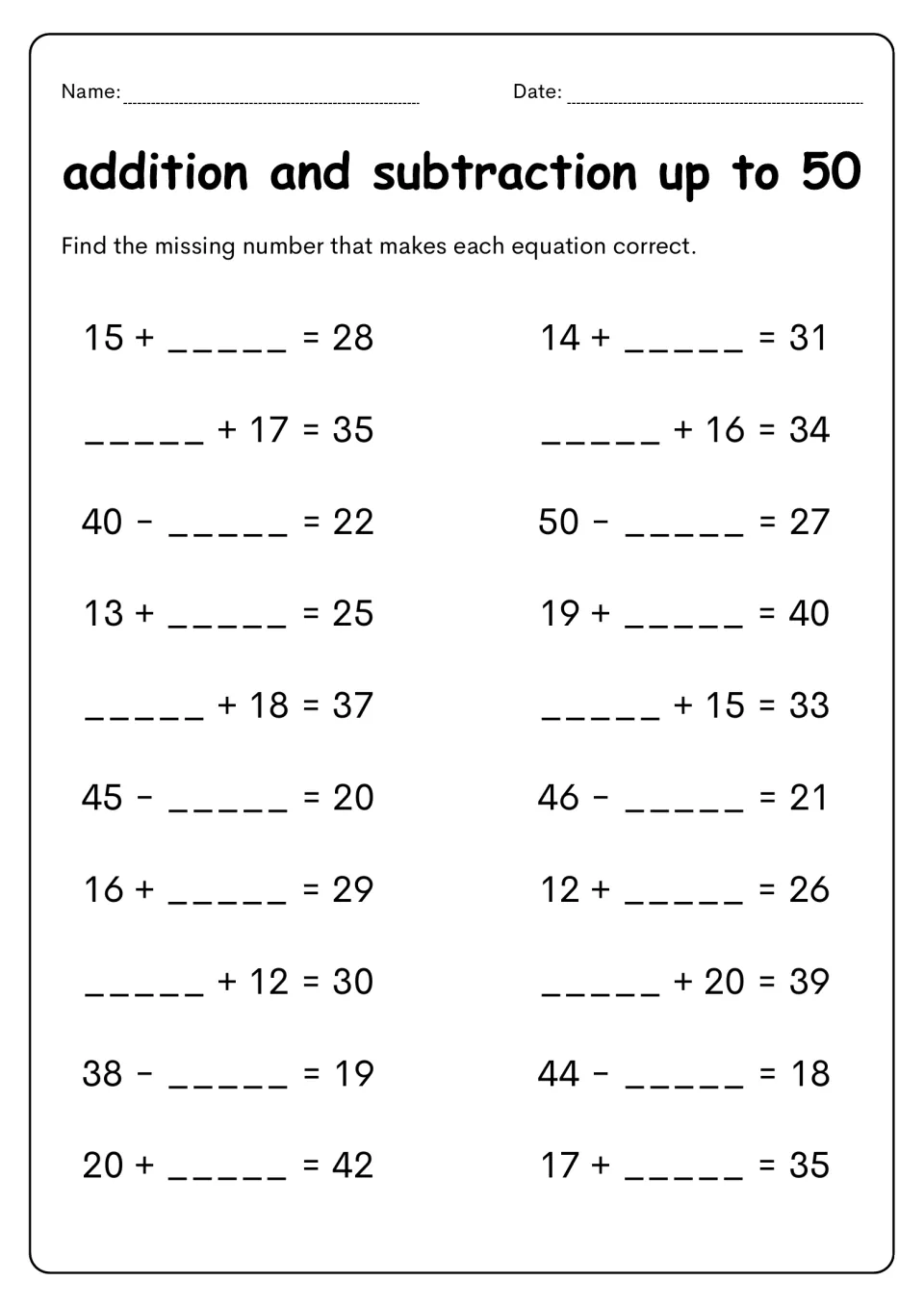Missing number equations within 50: students find the unknown value in 20 items such as 15 + __ = 28 and 40 − __ = 22