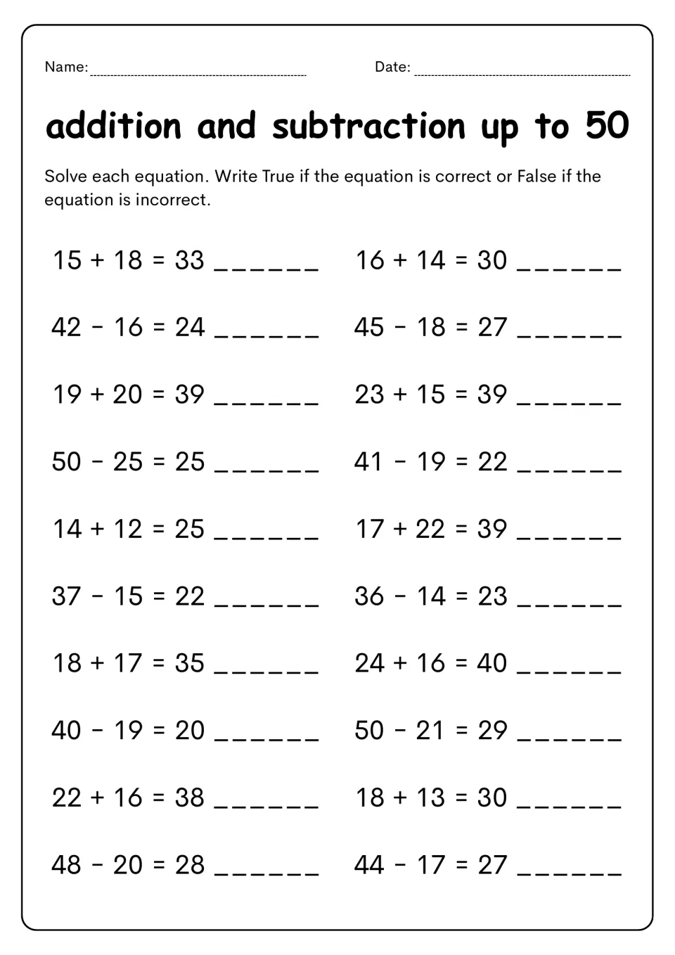 True or false equations within 50: students check 20 sums and differences, like 14 + 12 = 25, and write True or False