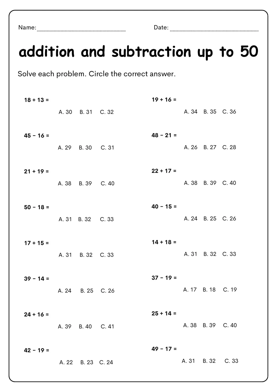 Multiple-choice addition and subtraction within 50: students solve 16 problems and circle answer A, B or C for each one
