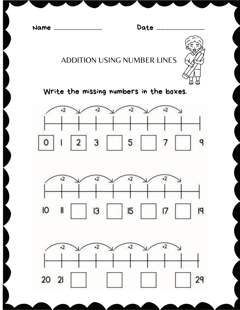 Addition practice sheet 1: fill in missing numbers using +2 jumps on number lines covering 0–9, 10–19, and 20–29