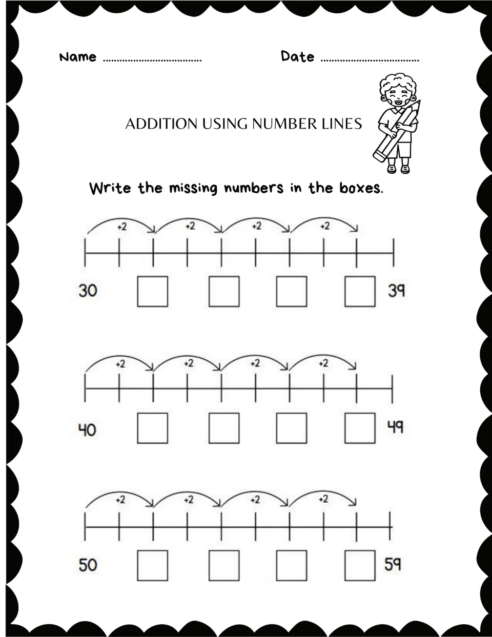 Addition practice sheet 2: fill in missing numbers using +2 jumps on number lines spanning 30–39, 40–49, and 50–59