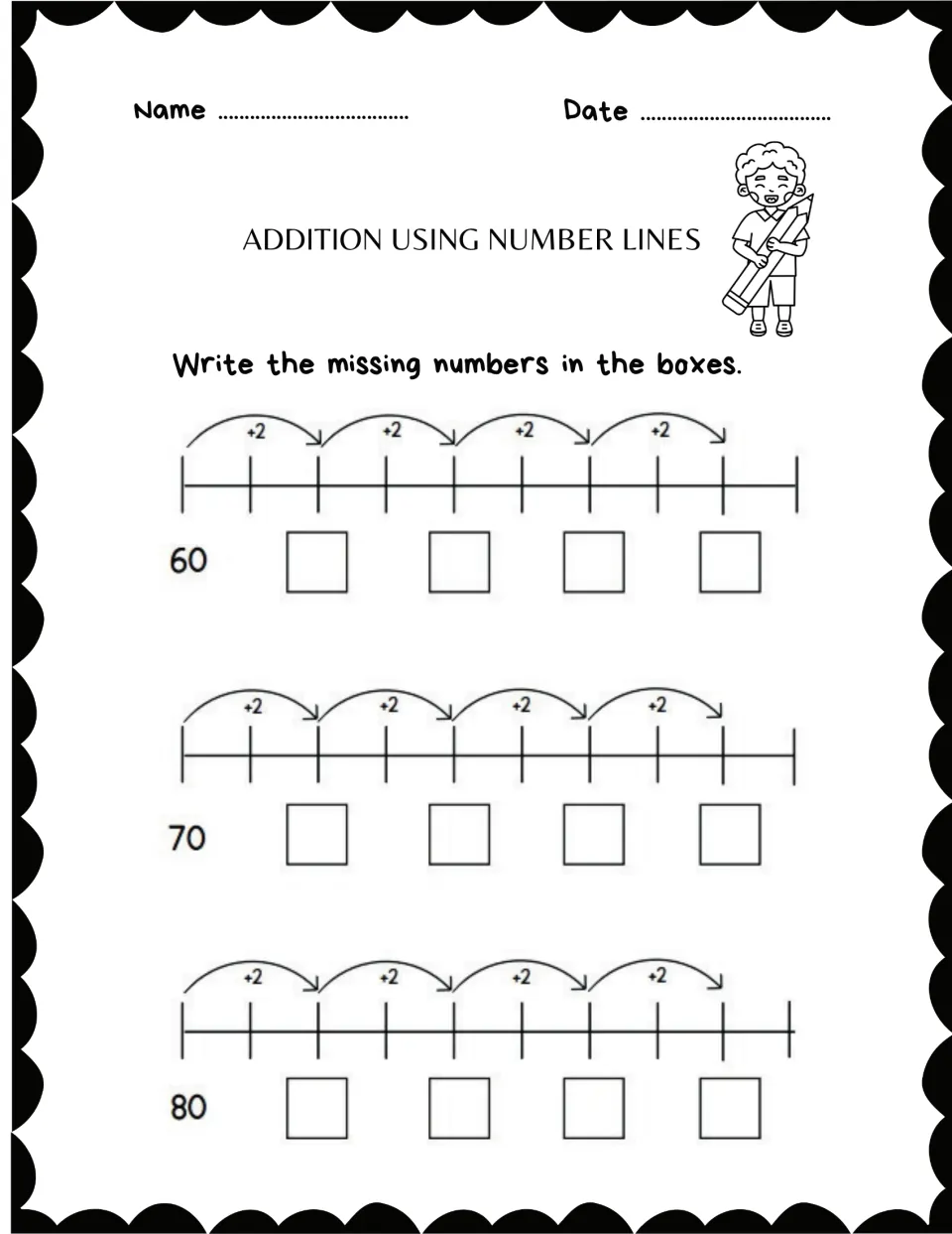 Addition practice sheet 3: fill in four missing numbers on each number line using +2 jumps from 60, 70, and 80