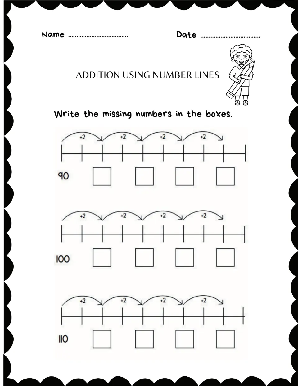 Addition practice sheet 4: fill in four missing numbers on each number line using +2 jumps from 90, 100, and 110