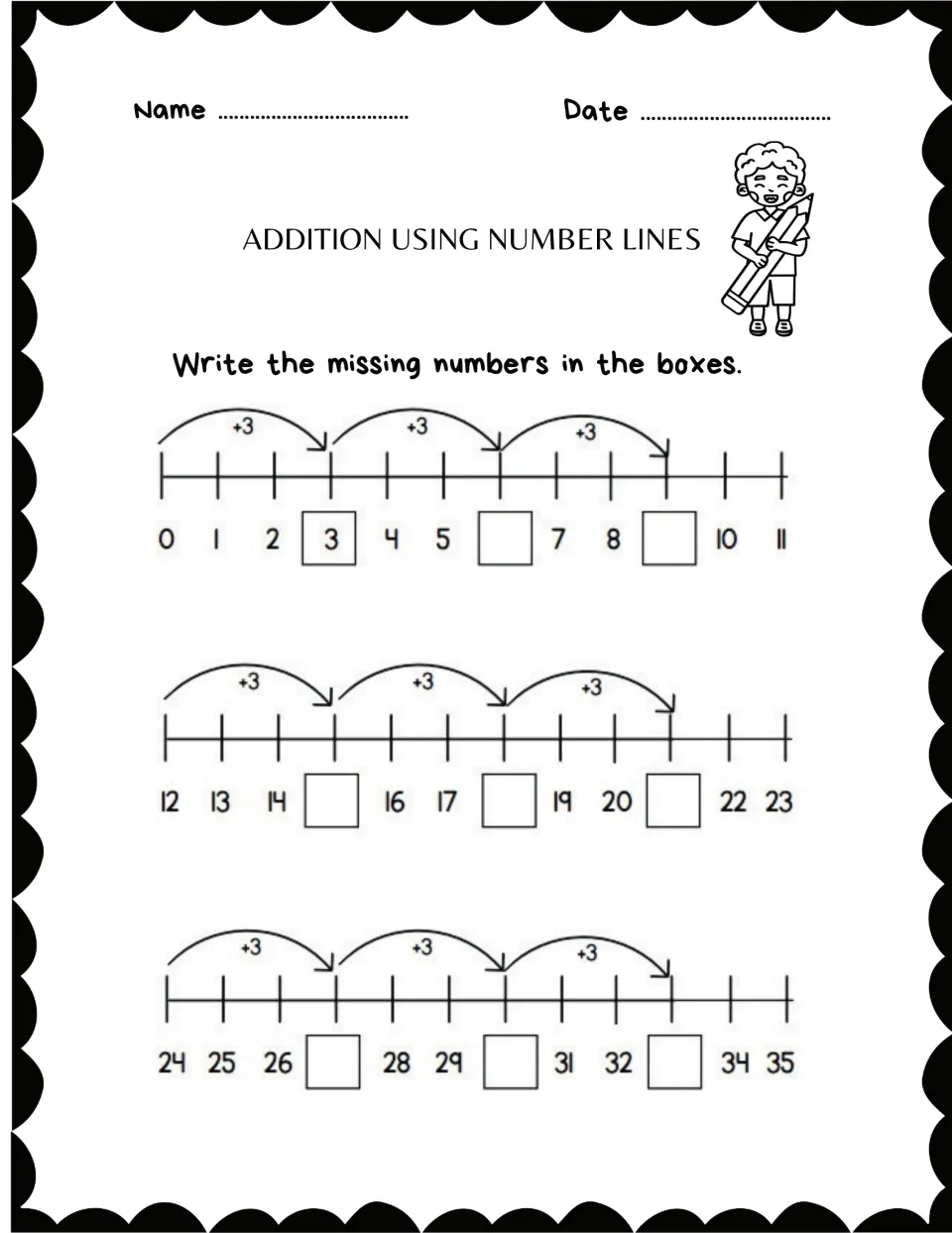 Addition practice sheet 5: complete missing numbers using +3 jumps on number lines spanning 0–11, 12–23, and 24–35
