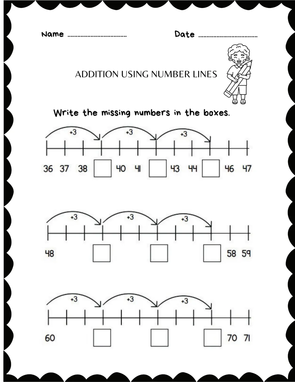 Addition practice sheet 6: complete missing numbers using three +3 jumps from starting numbers 36, 48, and 60