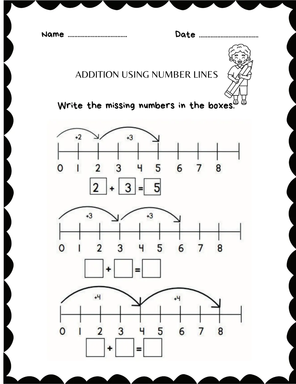 Addition equation practice sheet 7: number-line jumps model 2 + 3 = 5, followed by tasks for 3 + 3 and 4 + 4