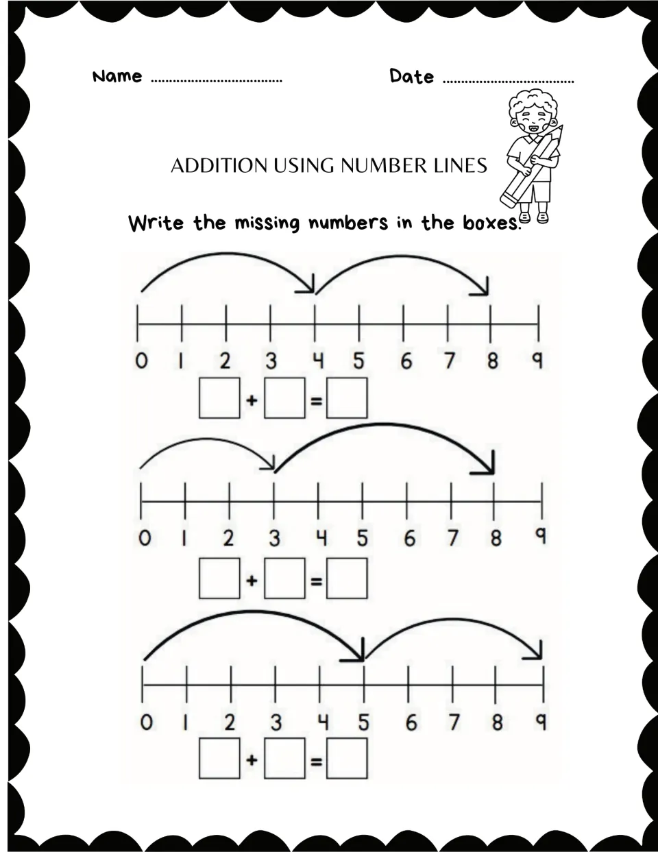 Addition equation practice sheet 8: write equations for number-line jumps from 0 to 4 to 8, 0 to 3 to 8, and 0 to 5 to 9