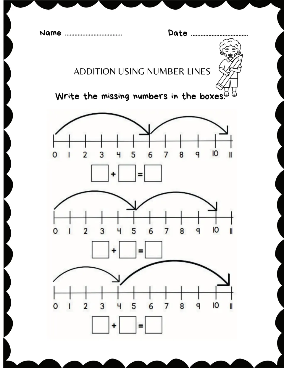 Addition equation practice sheet 9: use number-line jumps from 0 to 6 to 11, 0 to 5 to 10, and 0 to 4 to 11