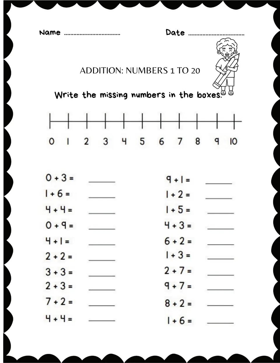 Addition practice sheet 10: solve 20 problems, including 0 + 3, 9 + 1, and 9 + 7, with a 0–10 number line
