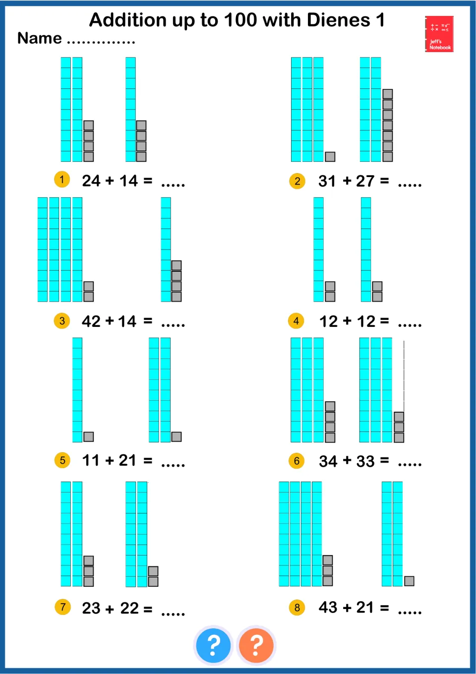 Two-digit addition with base-ten blocks: students add tens and ones shown as Dienes rods and cubes in 8 sums like 24 + 14