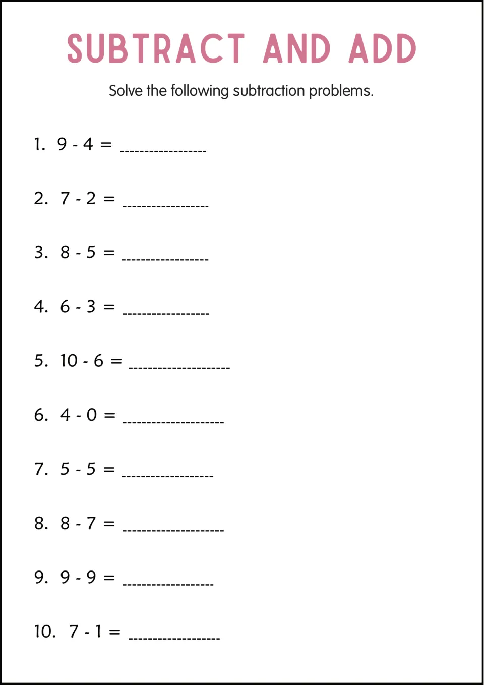 Single-digit subtraction facts: students solve 10 problems from 9 - 4 to 7 - 1, including zero and same-number facts
