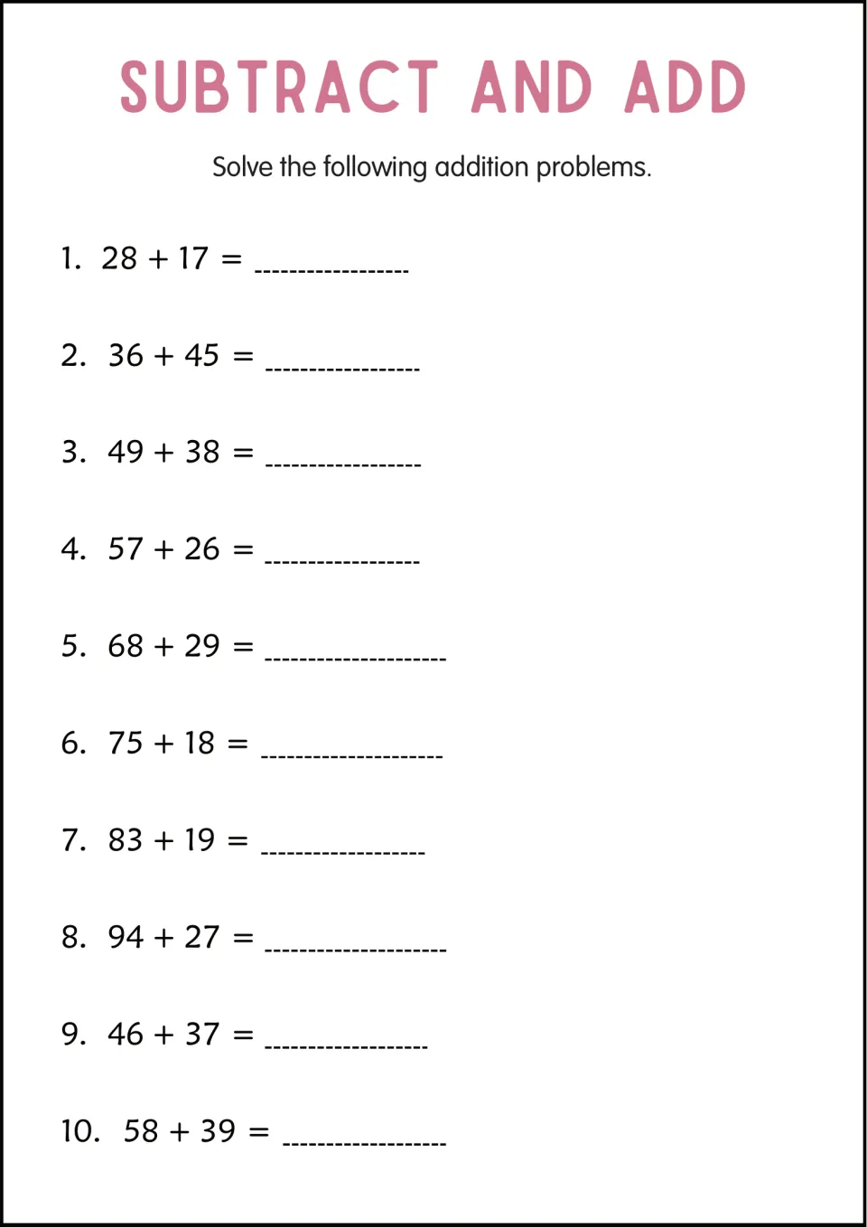 Two-digit addition with regrouping: students carry to the tens place in 10 sums such as 28 + 17, 68 + 29 and 94 + 27