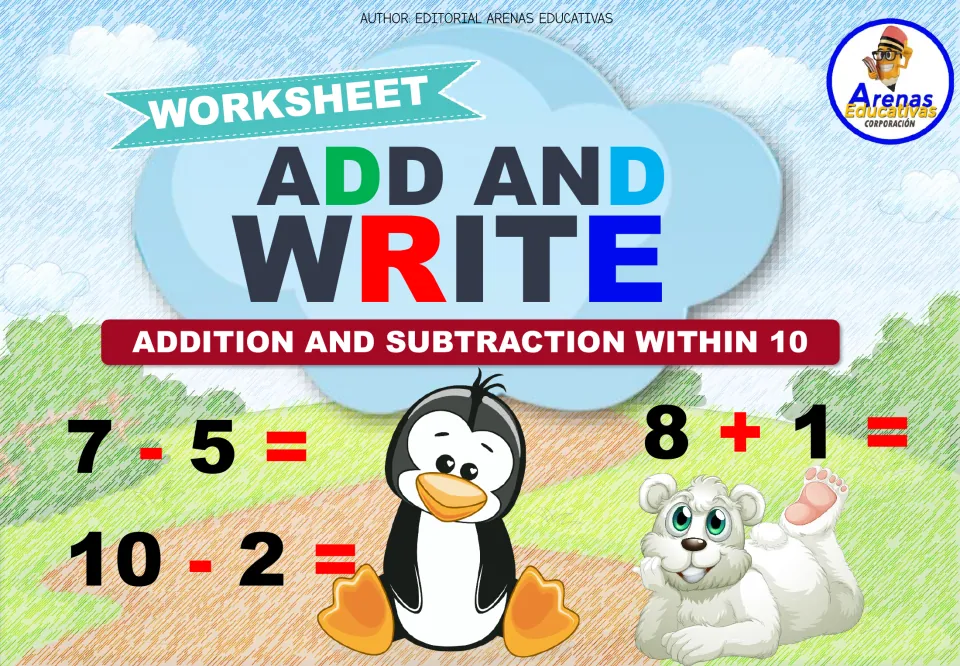 Add and Write cover: addition and subtraction within 10, showing 7 - 5, 8 + 1 and 10 - 2 beside a penguin and polar bear