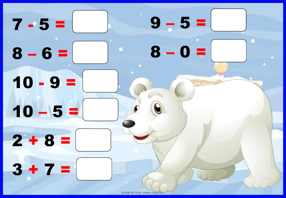Facts within 10: students solve 10 equations such as 7 - 5, 10 - 9, 8 - 0 and 3 + 7, writing each sum or difference