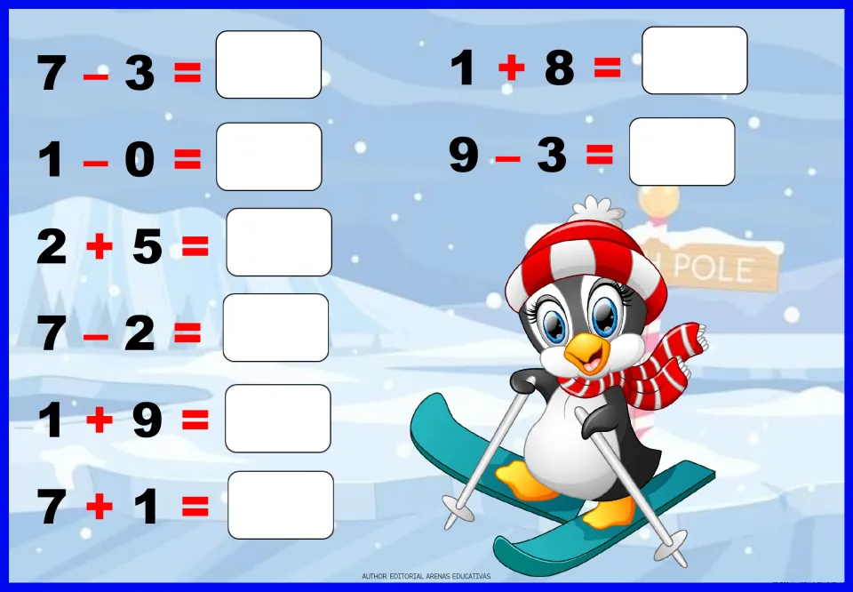 Adding and subtracting to 10: students find answers for 10 facts such as 1 - 0, 2 + 5, 1 + 9 and 9 - 3 by a skiing penguin
