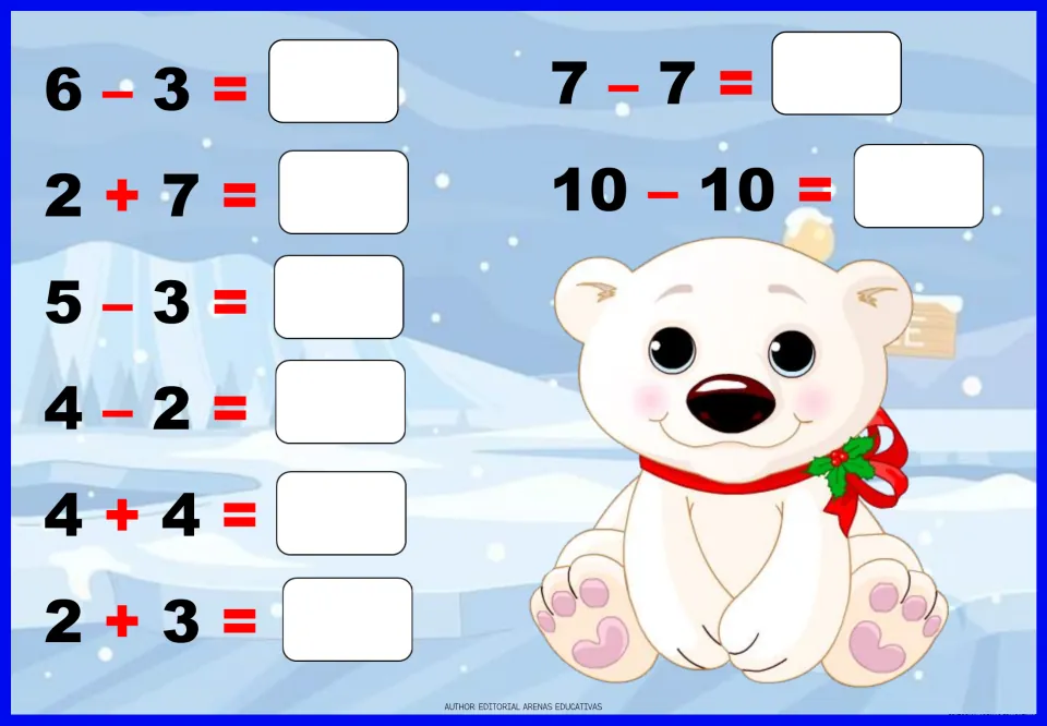 Facts to 10 with zero differences: students solve 10 items like 6 - 3, 2 + 7, 7 - 7 and 10 - 10 next to a polar bear