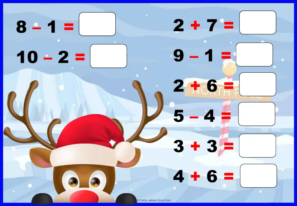 Reindeer page of sums and differences: students write answers for 10 facts such as 8 - 1, 10 - 2, 5 - 4, 3 + 3 and 4 + 6