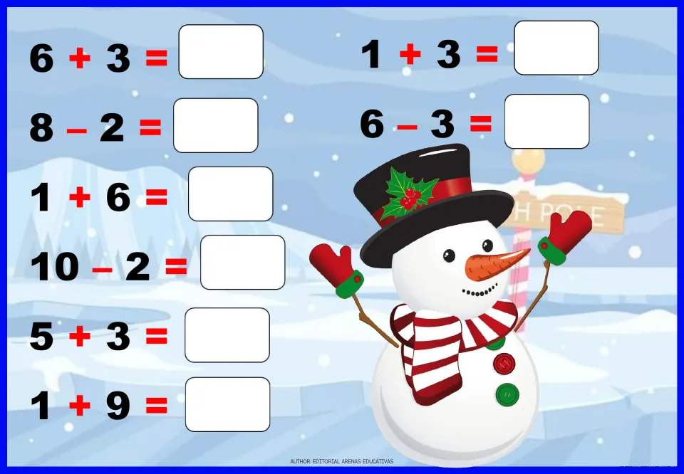 Snowman page of addition and subtraction: students solve 10 facts like 6 + 3, 1 + 6, 10 - 2, 5 + 3 and 6 - 3